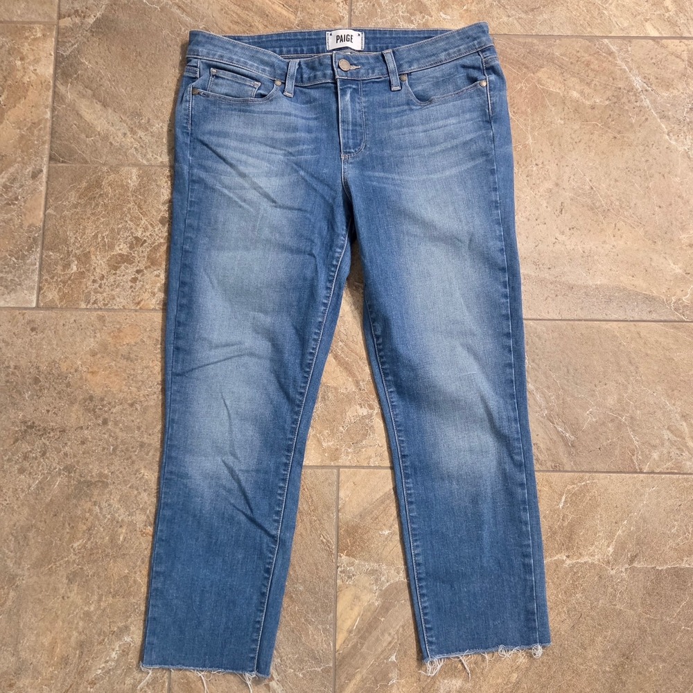 Paige Kylie Crop Jeans Blue Medium Wash Raw Hem‎ Denim Size 31 Womens